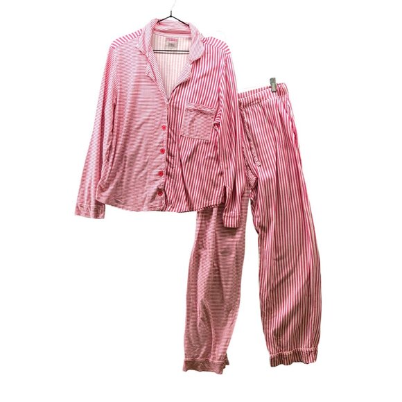 Terez Pajama Set Womens S Pink White Striped 2 Piece Pima Cotton Modal - Picture 1 of 10
